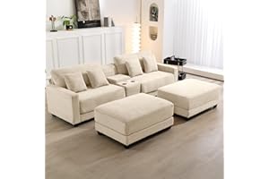 BUMBLR Sectional Sofa Couch with Ottoman, 111.8" Corduroy Modern Comfy 2-seat Couches with Cup Holders, Storage Compartment, USB Ports for Living Room, Apartment (Beige, Corduroy Sofa + 2 Ottomans)