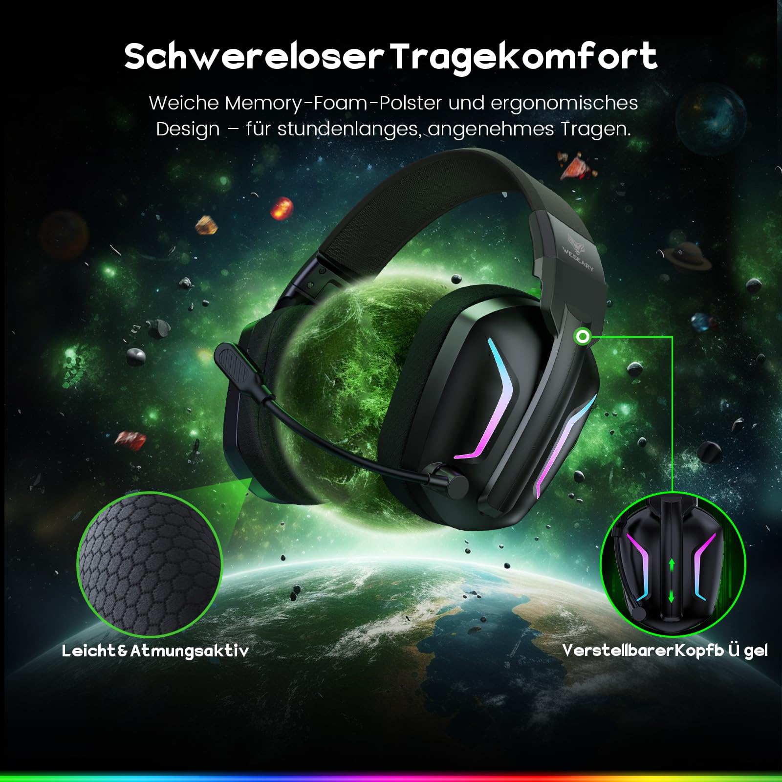 WESEARY WG1 Bluetooth Headset, 2,4G Wireless Gaming Headset mit Mikrofon für PS5, PS4, PC, Switch, Mac, Faltbarer Surround Sound Noise Cancelling Kopfhörer mit LED Licht, Über 50 Stunden Akkulaufzeit 7