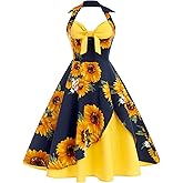 Women 50s Vintage Cocktail Swing Dress Halter Tie Knot Front Retro 1950s Audrey Hepburn Rockabilly Prom Dress Fake Two Piece Color Block Apron Wedding Party A line Evening Dress Yellow Sunflower S