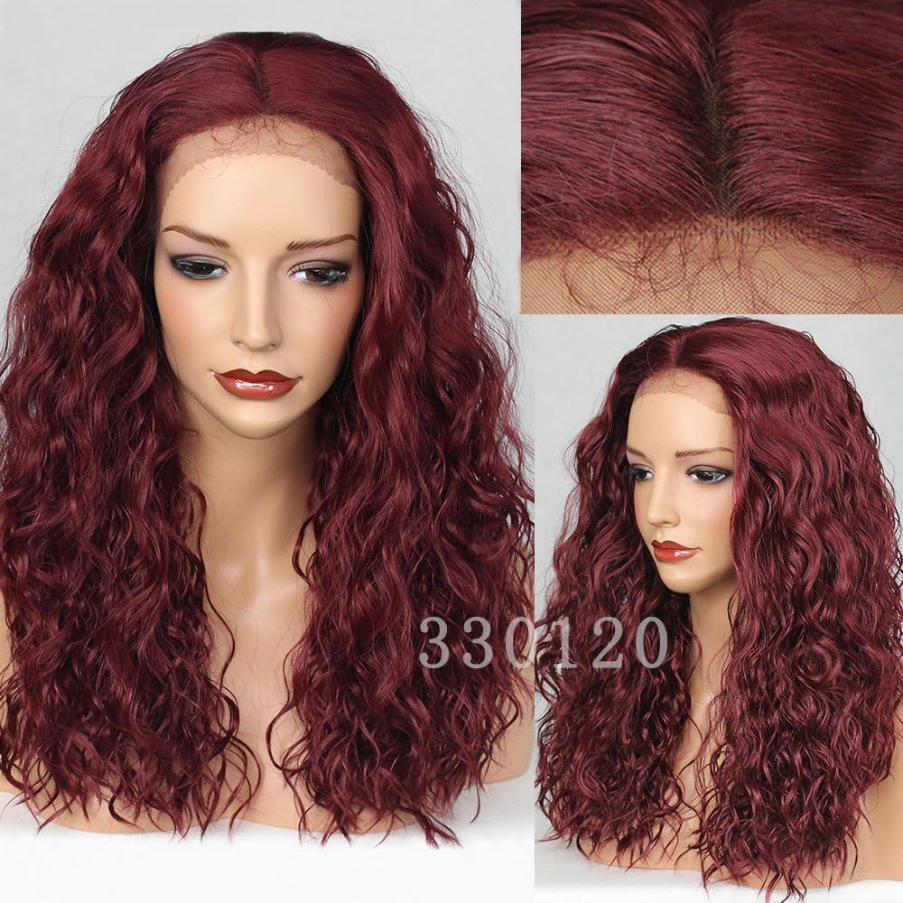 Maycaur Burg Red Color Synthetic Lace Front Wig Short Loose Curly Hair Wigs For Women 20Inch