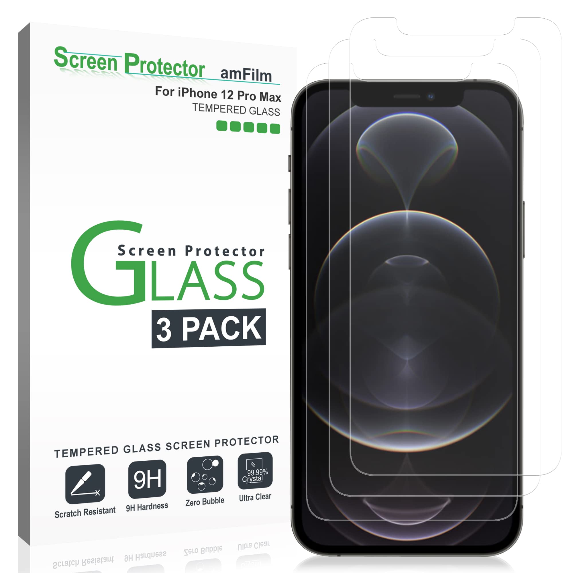 Photo 1 of amFilm Glass Screen Protector Compatible for iPhone 12 Pro Max 6.7" Display, 2020, with Easy Installation Tray, Tempered Glass, 3 Pack