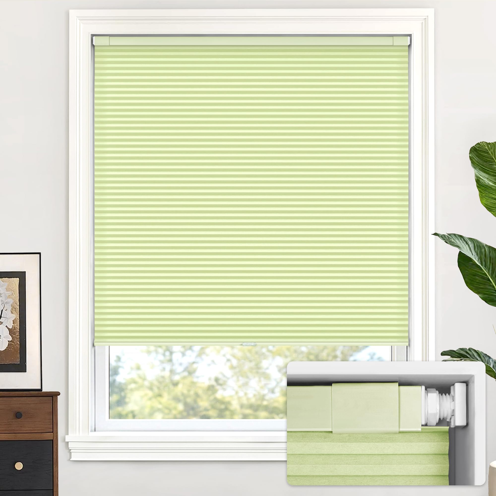 LazBlinds Cordless Cellular Shades, No Tools No Drill Light Filtering Honeycomb Shades Pleated Blinds for Windows, 33'' W x 64'' H, Green Image