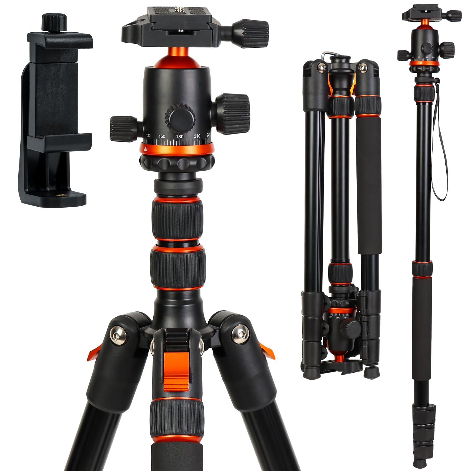 LINKCOOL 70" Aluminum Lightweight Tripod & Monopod with Ball Head, Quick Release Plate, Adjustable Height for DSLR, Camera, Phone - 15kg/33lbs Load Capacity
