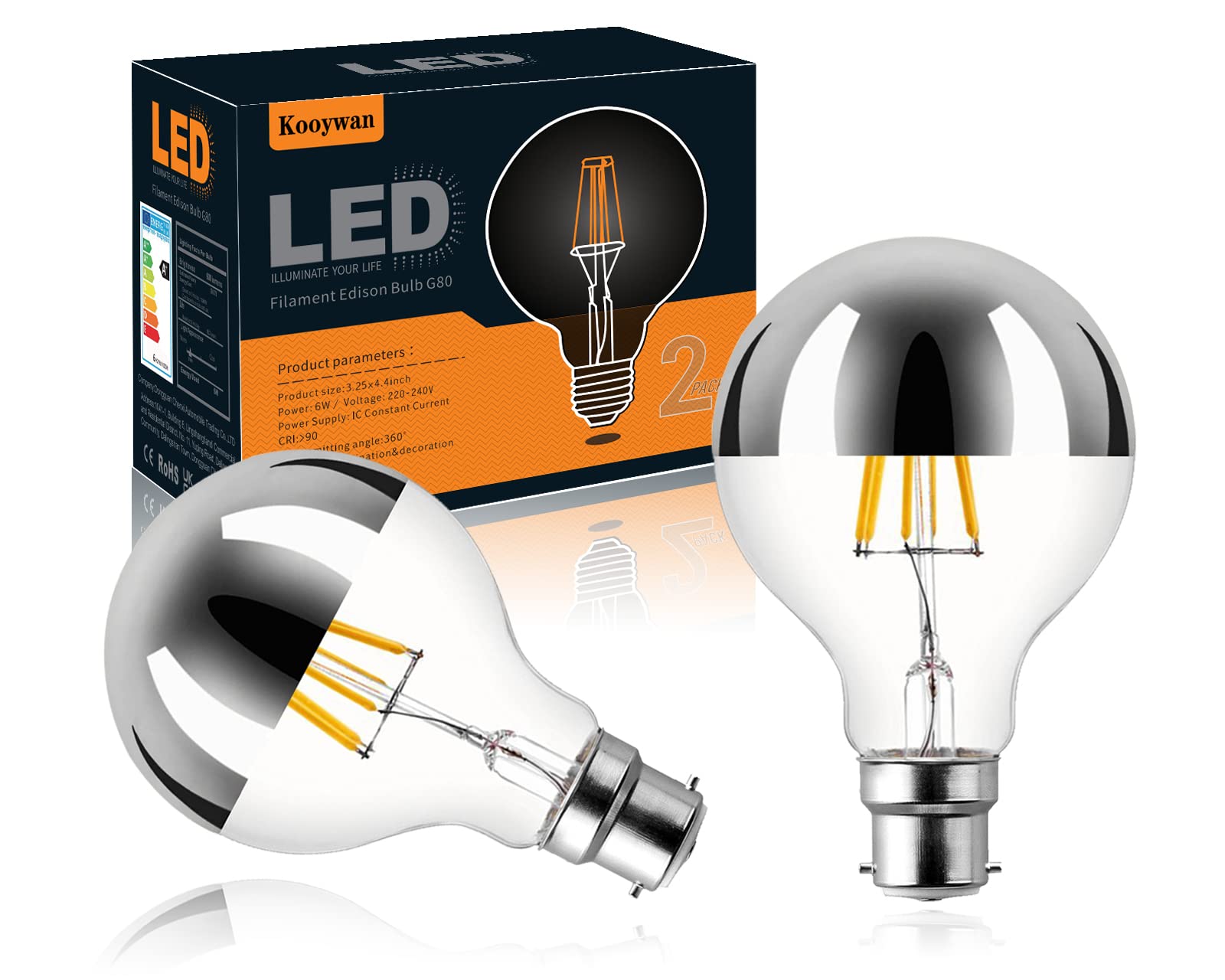 KOOYWAN Vintage LED Light Bulb-B22 Bayonet Dimmable Silver Crown Mirror Half Chrome Reflected Anti-Dazzle G80/25 Globe Shape Bulb 2700K Warm White Energy Saving Light Bulb 6W Pack of 2