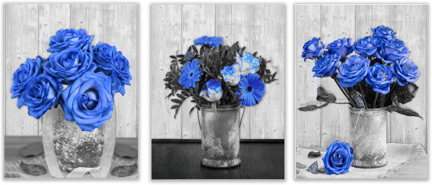 Canvas Wall Art for Bedroom Blue Rose Picture Print 3PCS Flower Artwork Modern Home Gallery Living Room Decor Wall Decoration Black and White Romantic Floral Prints Unframed,13.3''X17.3''(Blue Rose)