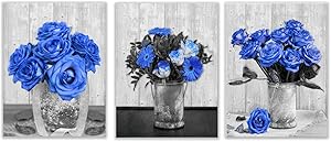 Canvas Wall Art for Bedroom Blue Rose Picture Print 3PCS Flower Artwork Modern Home Gallery Living Room Decor Wall Decoration Black and White Romantic Floral Prints Unframed,13.3''X17.3''(Blue Rose)