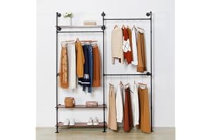 EDCB Industrial Pipe Clothing Rack - Wall Mounted 3-Tier Heavy Duty Metal Garment Rack with Shelves, Black Closet Organizer for Retail Stores & Bedroom (92.1X76.8inch)