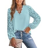 CUPSHE Women Lace Elegant Blouse Long Sleeve Eyelet V Neck Dressy Party Floral Tops Scalloped V Neck