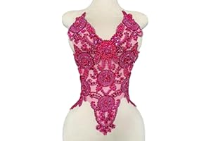 ESOSZNUA Pure Handmade Bodice lace Rhinestones Applique Sewing Stones Beads Crystal Trimming Patches Accessories for Girl Weding Dress Decorations 12.5X21inches (Rose red)