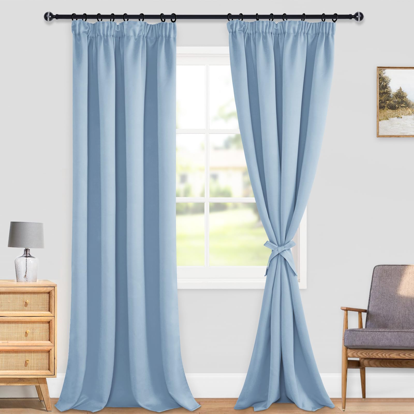 DWCN Light Blue Blackout Curtains for Bedroom Thermal Insulated Room Darkening Pencil Pleat Window Curtains for Living Room 66 x 90 Inch Length, 2 Panels