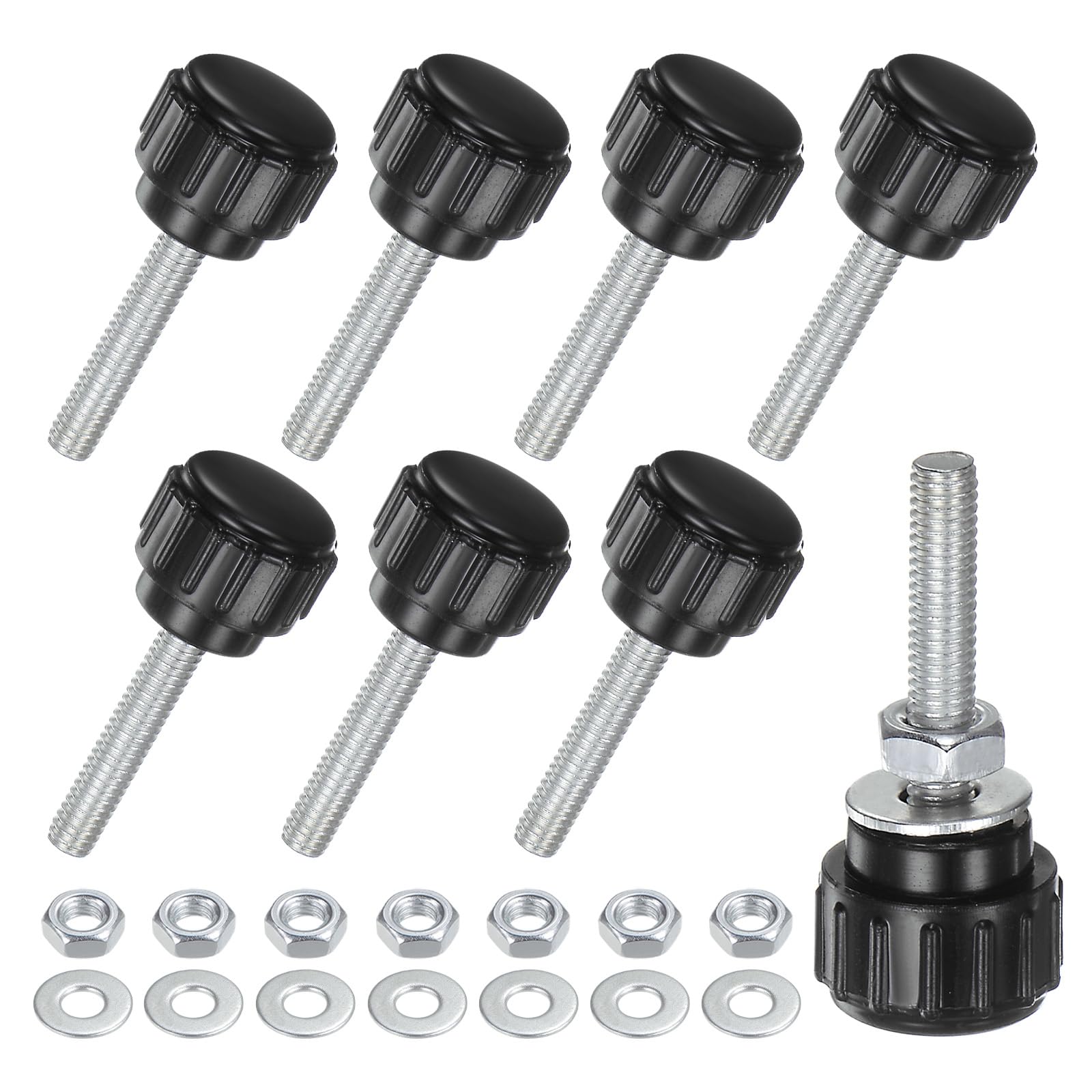 M METERXITY 8-Set Knurled Clamping Knobs, M4x20mm Male Thread Knurled Thumbscrew W Nuts & Washers Carbon Steel Screw on Knobs Grips for Machinery/Electronic/Furniture [Black]