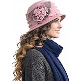 Vintage Women Floral Wool Dress Cloche Winter Hat 1920s