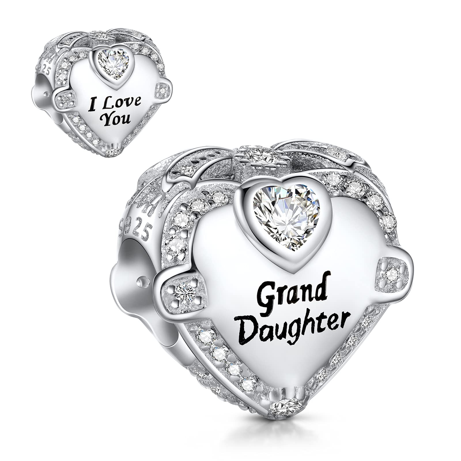 NINGAN Family Charm for Pandora Bracelet - Mothers Day & Birthday Gifts for Women 925 Sterling Silver Heart Cubic Zirconia Bead for Necklace (GrandDaughter)