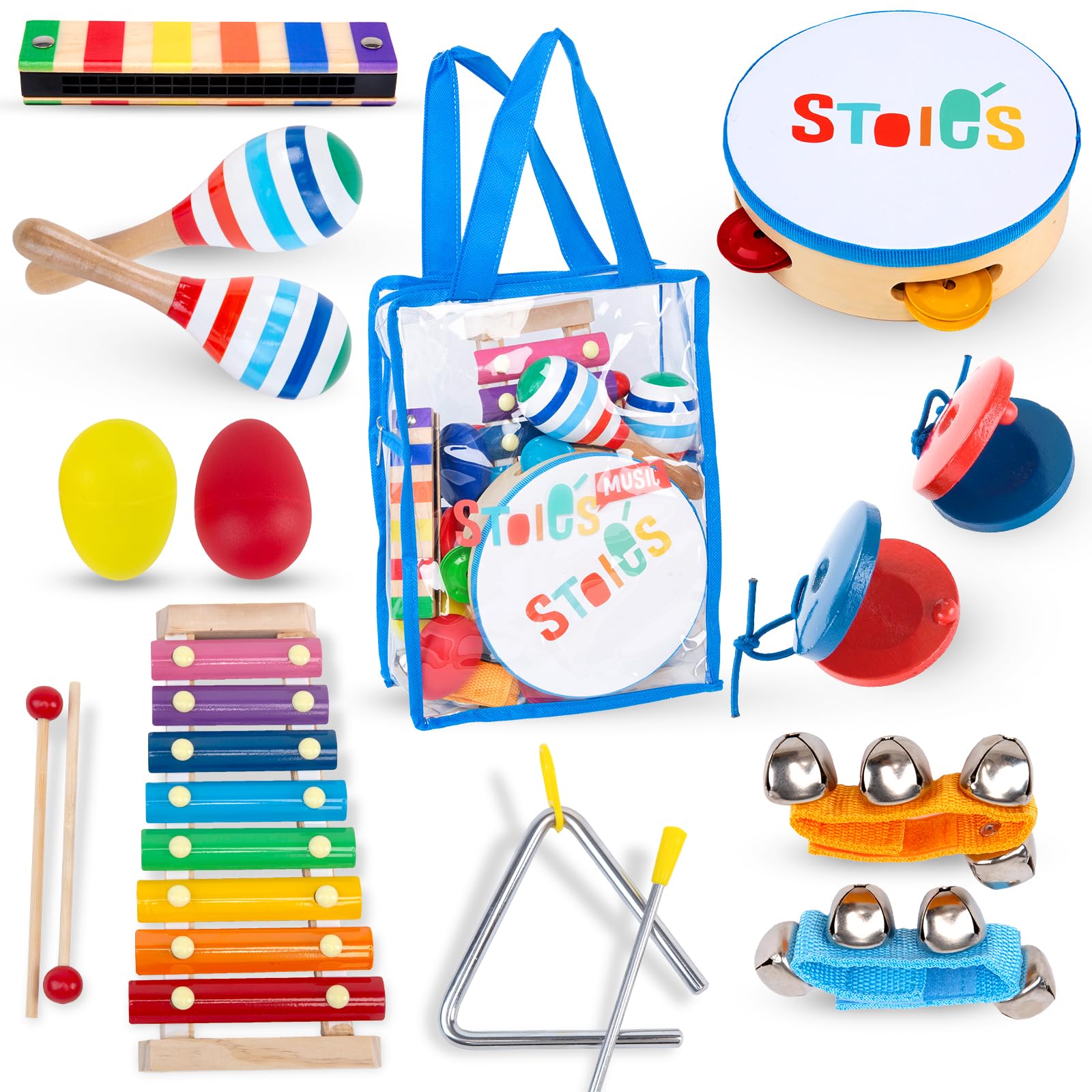 Stoie's Wooden Kids Musical Instruments, Baby Percussion Toys with Xylophone, Maracas, Tambourine, Durable, Safe to Play, Clear Loud Sound, Kid-friendly size, with a Storage Bag