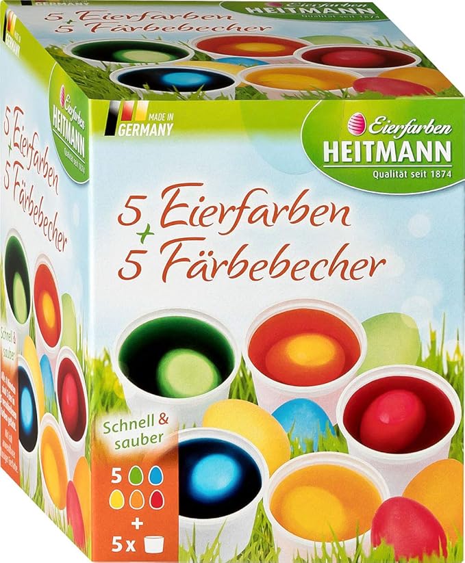 Eierfarben HEITMANN 5 Eierfarben + 5 Färbebecher - 5 flüssige Kaltfarben - für EIN buntes Osternest - grün, gelb, blau, rot, 