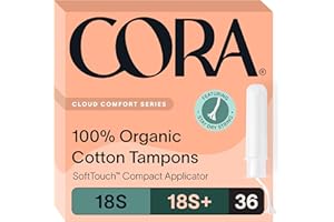 Cora Organic Applicator Tampon Multipack | 18 Super & 18 Super Plus Absorbency | 100% Organic Cotton, Unscented, BPA-Free Compact Applicator | Leak Protection | Packaging May Vary | 36 Total