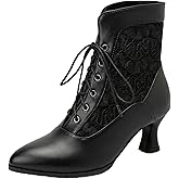 LanreyTaley Women Victorian Lace Booties Wedding Bridal Ankle Boots Witch Costume Boots Mid Heel
