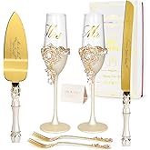 Engagement Gifts for Couples, Wedding Cake Knife and Server Set, Luxury Handcrafted Champagne Flutes with Rhinestone Rose and Pendant Drop, Cake Cutting Set for Wedding, Bride and Groom Gift-ready Box