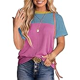 BLENCOT Women Tops Color Block Crewneck Casual Oversized Tshirts Knit Summer Tees Blouse S-2XL