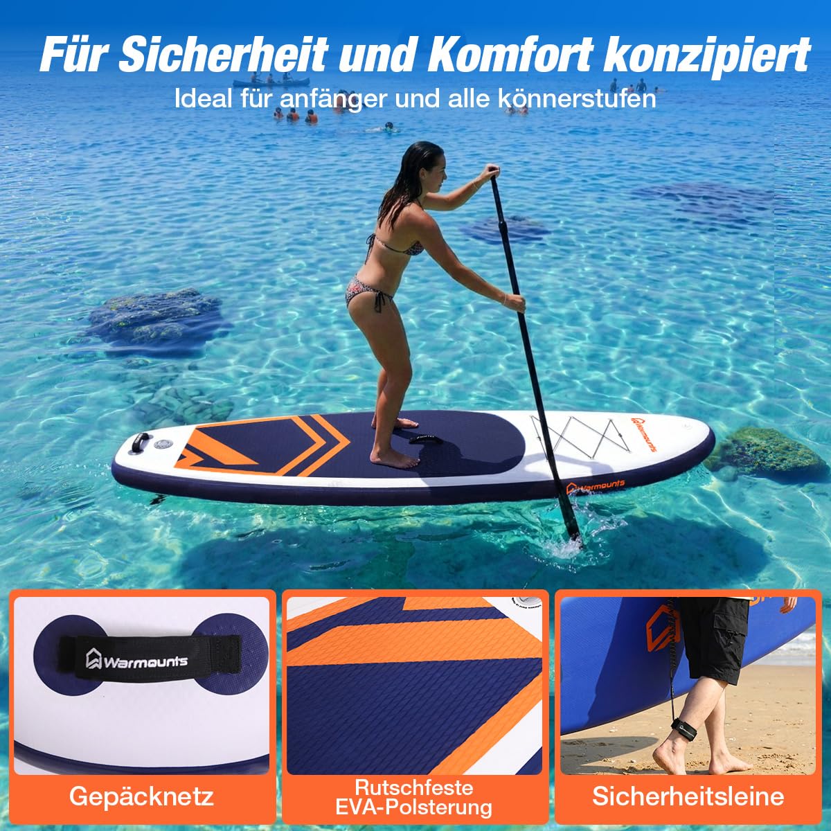 Warmounts 350cm Aufblasbares SUP Board, 86cm Breit Stand Up Paddle für Anfänger & Erwachsene, Allround Paddleboard mit Verstellbarem Paddel, Kamerahalterung, Pumpe und Rucksack, 190 kg 4