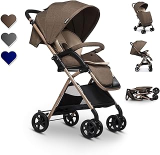 Lionelo Lea Buggy klein zusammenklappbar Kinderwagen Buggy bis 15 kg Aluminiumgestell Beinabdeckung verstellbare Rückenlehne und Fußstütze 5-Punkt-Gurt Schutzbügel (Braun)