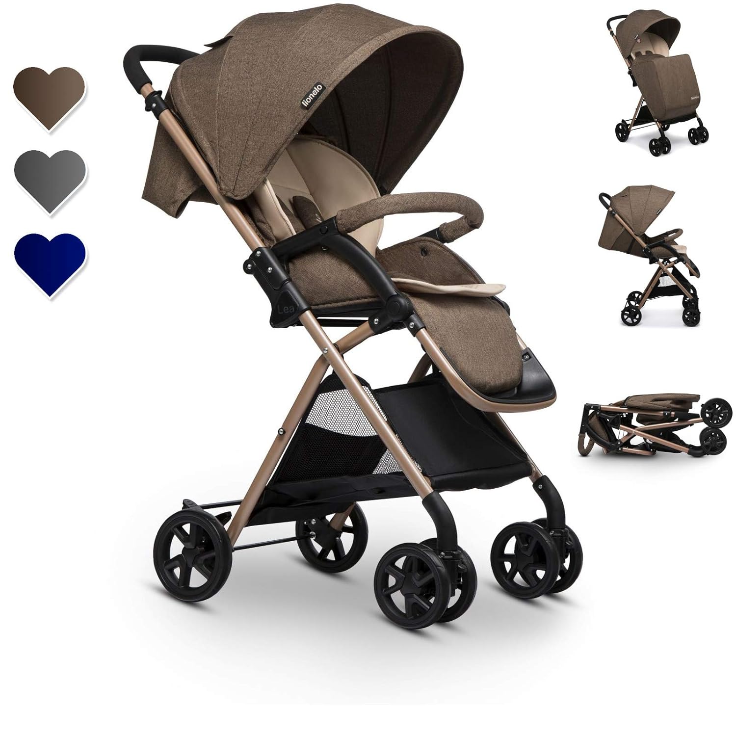Lionelo Lea Buggy klein zusammenklappbar Kinderwagen Buggy bis 15 kg Aluminiumgestell Beinabdeckung verstellbare Rückenlehne und Fußstütze 5-Punkt-Gurt Schutzbügel (Braun)