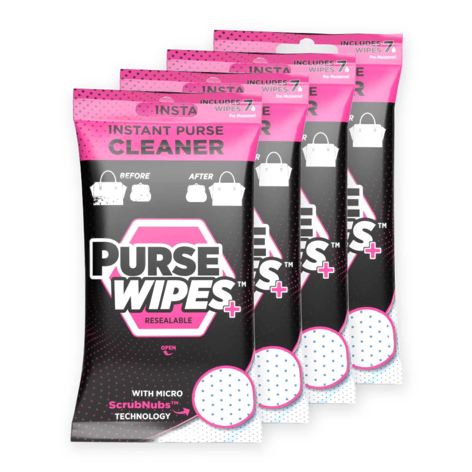 SneakERASERS: PurseWIPES Purse Cleaner Wipes - Portable Leather Wipes for Bags, Purses, and Backpacks, Dirt and Scuff Remover with Innovative ScrubNubs, Perfect for Quick Cleaning, (28 wipes)
