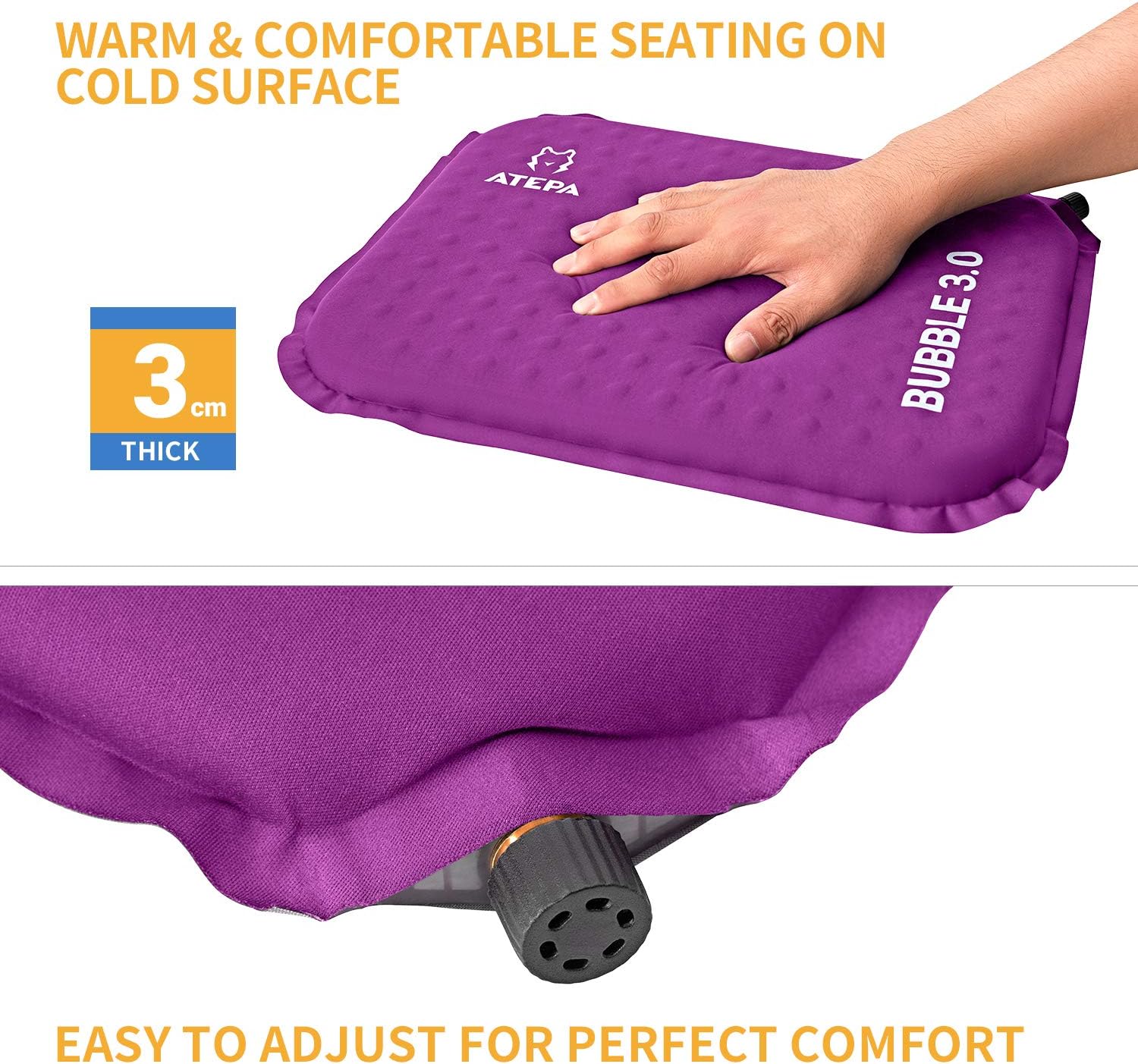 ATEPA Purple Self-inflating Inflatable Seat Cushion for Stadium, Pressure Relief, Bleacher, Sports, Camping, Airplane, Travel, Outdoor, Small Air Foam Seat Pad, Portable, Packable, Waterproof, Insulated : Sports & Outdoors