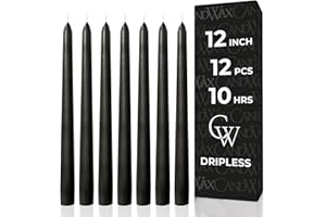 CANDWAX 12 inch Taper Candles Set of 12 - Dripless and Smokeless - Slow Burning Black Tapered Candle Sticks Ideal for Halloween - Black Candles