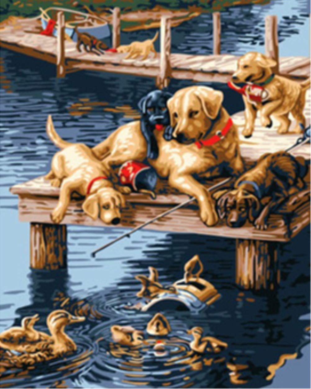 ABEUTY DIY Paint by Numbers for Adults Beginner - Dogs & Ducks on The River Bank 16x20 inches Number Painting Anti Stress Toys (No Frame)