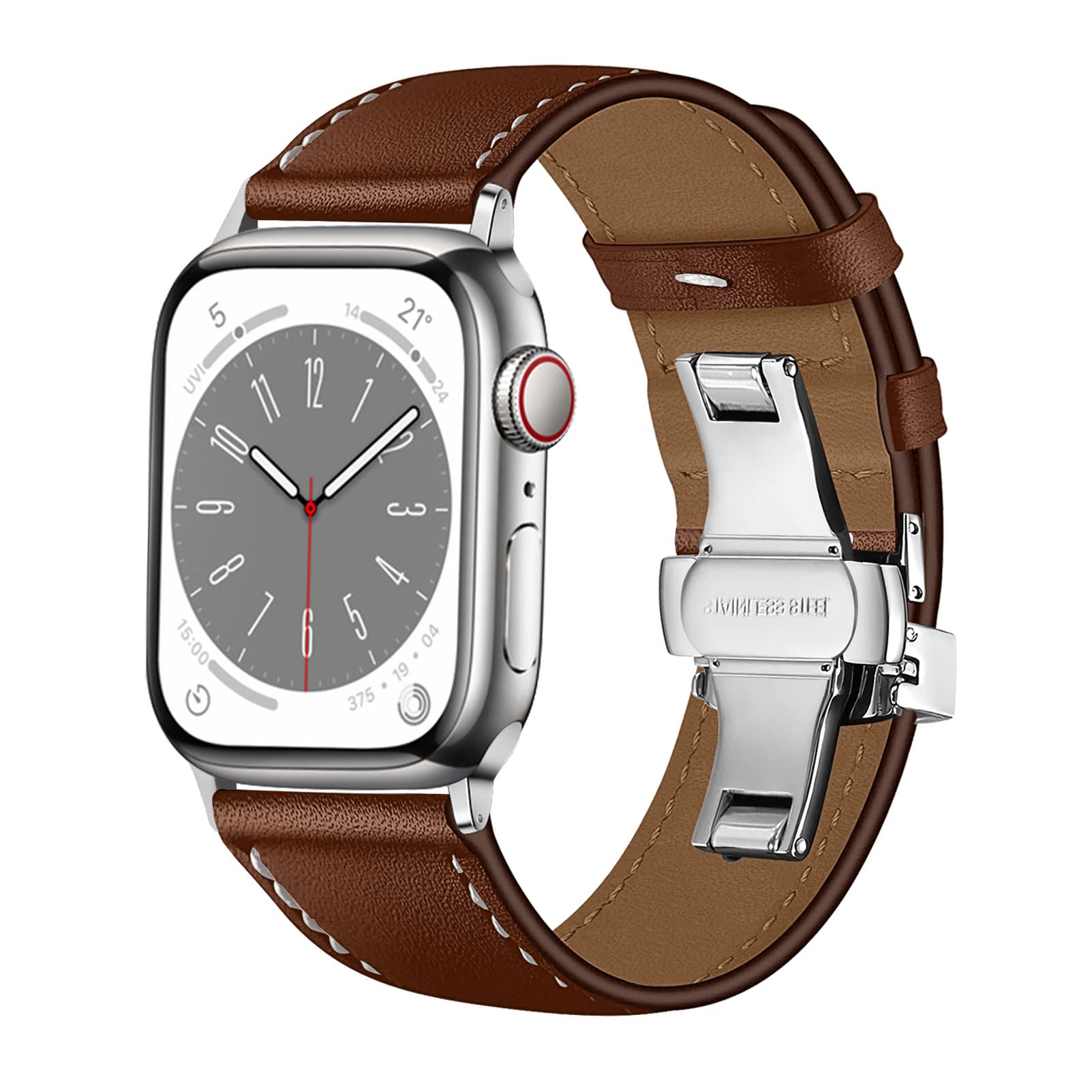 Leather Strap Compatible for Apple Watch Band 45mm 41mm 44mm 40mm 42mm 38mm 45mm 49mm Genuine Leather Wristband Bracelet for iwatch series 8 7 6 SE 5 4 3 Ultra,42/44/45/49mm,Silver button brown