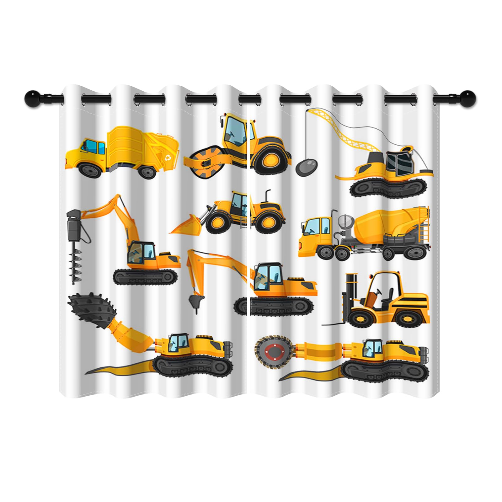 YONGFOTO 117x138cm Construction Truck Blackout Curtains Cartoon Excavator Crane Digger Yellow Heavy Machinery Car for Living Room Children's Bedroom Window Drapes, 2 Panels with Eyelet