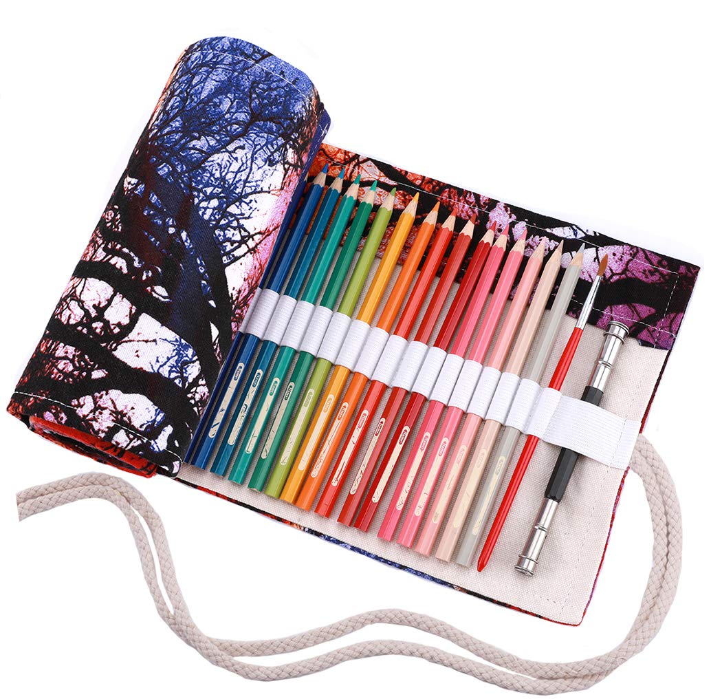 Amoyie Roll Up Pencil Case for 48 Coloured Pencils, Foldable Colouring Pen Organiser Bag, Canvas Coloring Pens Holder, Artist Wrap, Setting Sun