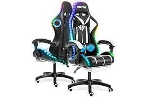VANSPACE Gaming Chair with Speakers and Lights Ergonomic Computer Gaming Chair with Footrest LED RGB Lights Massage High Back Music Video Game Chair with Lumbar Support White and Black