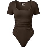 OQQ Women Bodysuits Ruched Short Sleeve Square Neck Stretch Lounge Travel Bodysuits