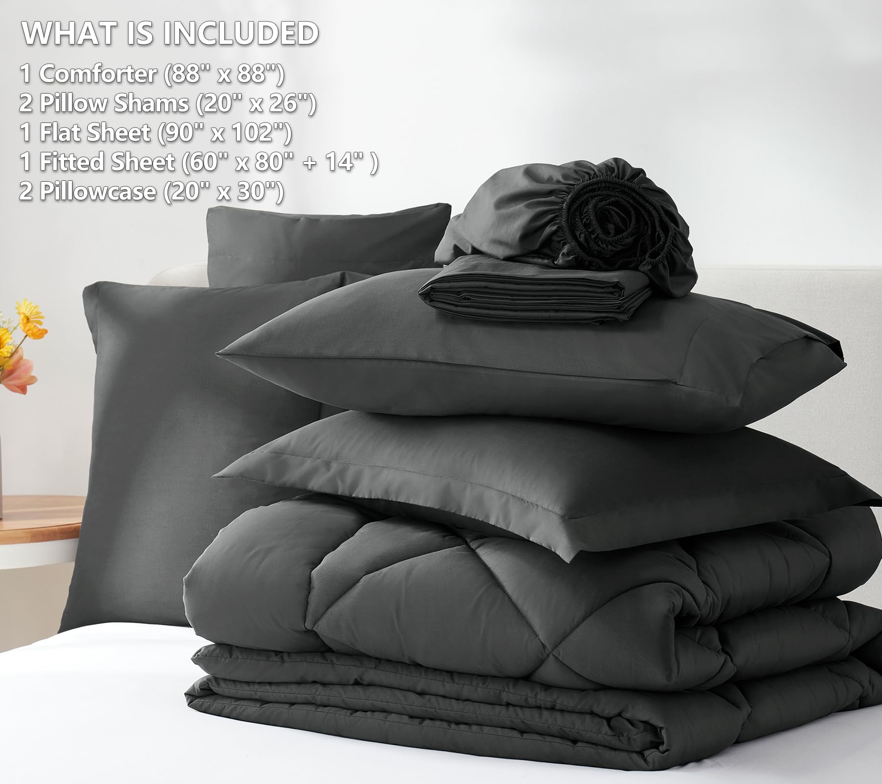 CozyLux Queen Comforter Set Dark Grey - Bed in a Bag Queen Size 7 Pieces, Luxury Soft Bed Set for All Seasons, Bedding Set with Down Alternative Comforter, Sheets, Pillowcases & Shams
