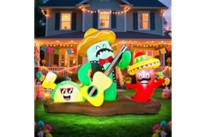 6FT Long Cinco De Mayo Inflatables Outdoor Decorations, Colorful Fiesta Party Blow Up Decor with Guitar Cactus, Chili & Taco,