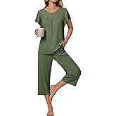 Ekouaer Capri Pajamas for Women Set Short Sleeve Lounge Set Soft Sleepwear Pullover Top and Pants