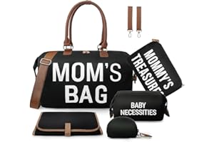 printe 6pcs Large Diaper Bag Tote with Changing Pad & 2 Organized Pouches, Mom's Bag for Hospital with Pacifier Case, Straps, Stroller Hook, Baby Diaper Bag for Weekender Travel