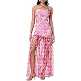 Women's Summer Tube Top Dress Strapless Backless Mesh Patchwork High Slit Maxi Party Dress