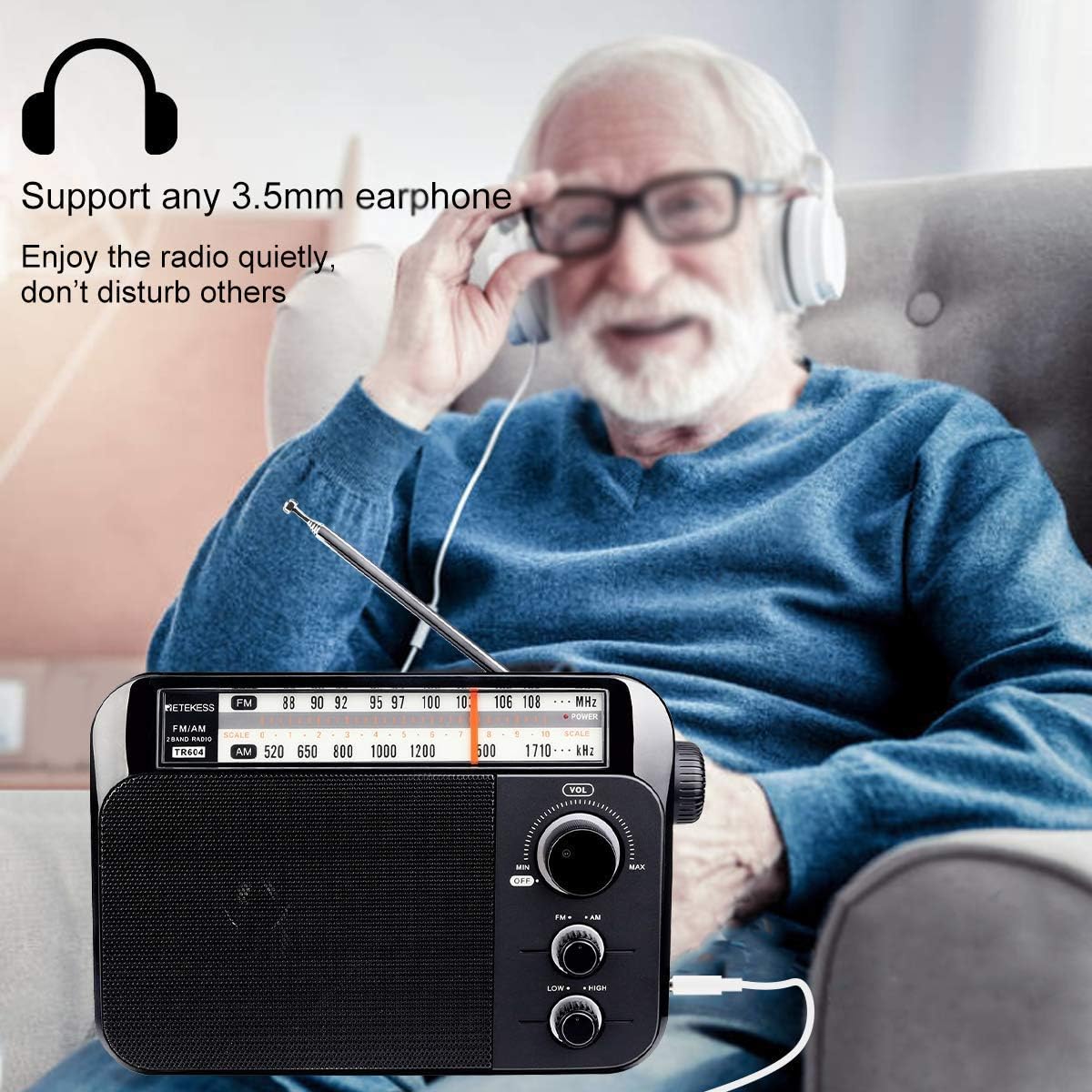 Retekess TR604 AM FM Radio Portable Transistor Analog Radio with 3.5mm Earphone Jack Battery Operated by 3 D Cell Batteries or AC Power(Black): Home Audio & Theater