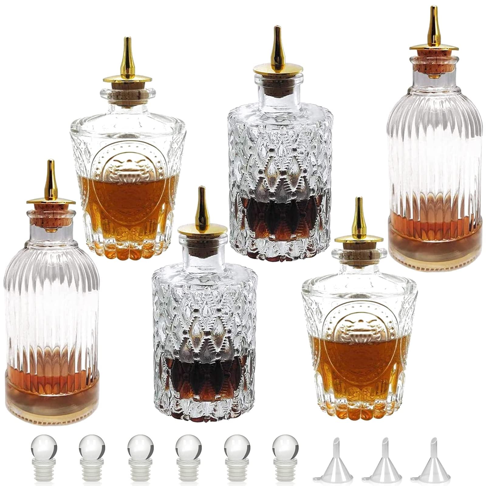 LINALL Bitters Bottle Set - Glass Vintage Bottle, Decorative Bottles with Dash Top, Dasher Bottles for Making Cocktail Great For Bartender Home Bar (6 pack)