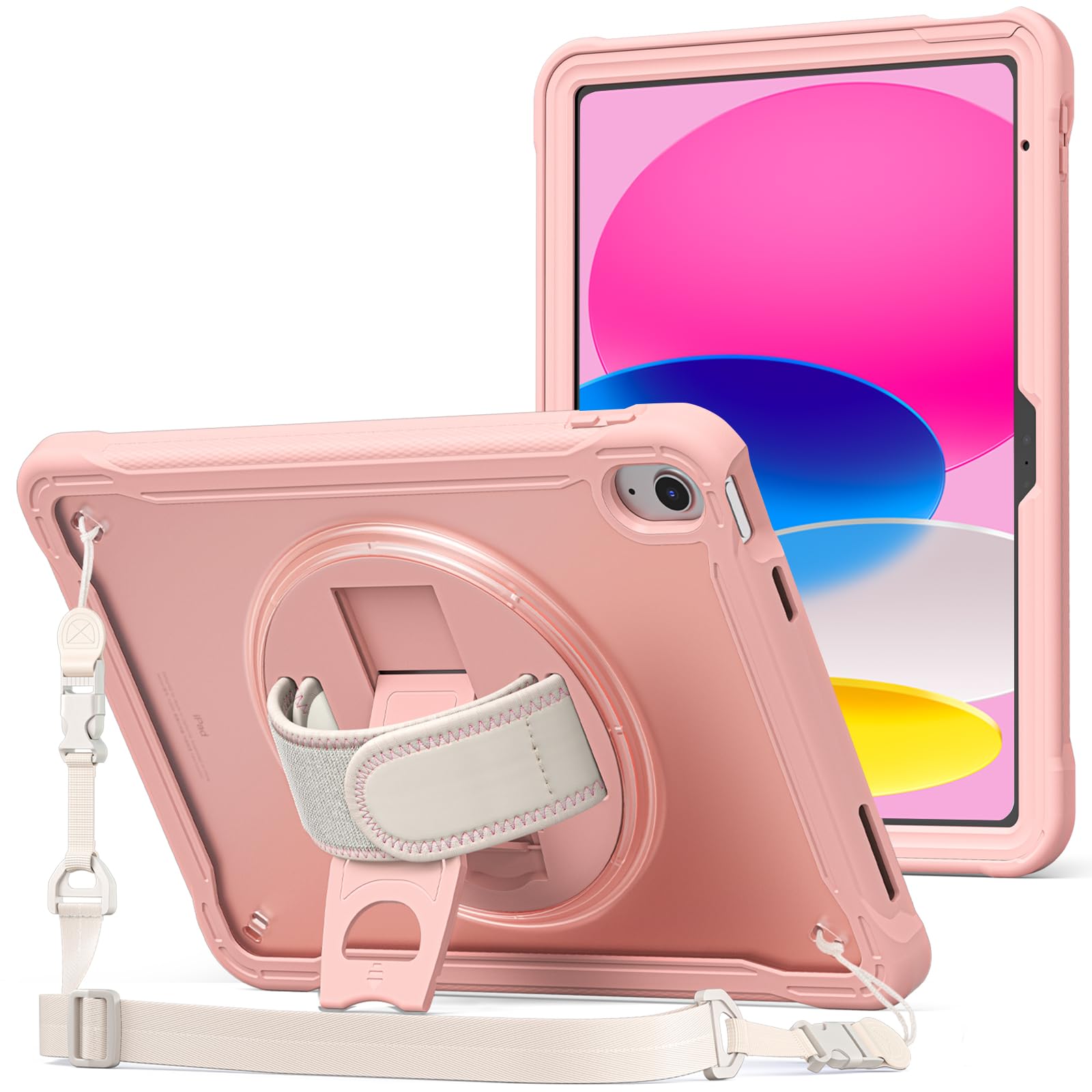 ProCase for iPad 11th Generation A16 2025/iPad 10th Generation Case 10.9 Inch 2022, Heavy Duty Shockproof Rugged Cover with Hand Strap 360 Degree Rotatable Kickstand Protective for iPad 11/10 -Pink