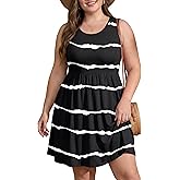 OLRIK Womens 2026 Plus Size Sundress A-Line Summer Sleeveless Knee Length Empire Waist T-Shirt Dress with Pockets