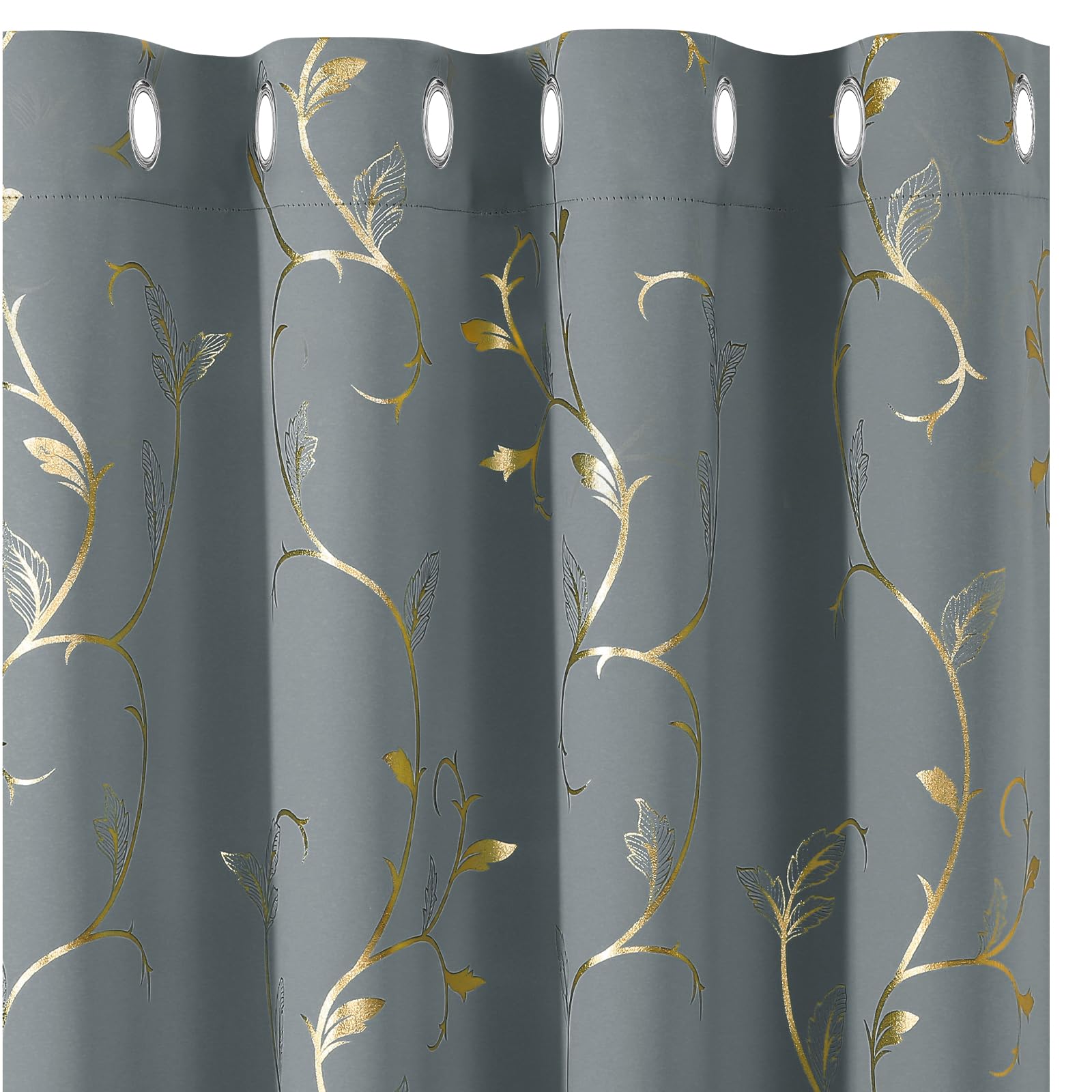 BUHUA Set of 2 opaque blackout curtains with eyelets for bedroom, window curtain with gold vine pattern print, H 229 x W 132 cm, light grey — image 1