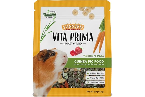 Sunseed Vita Prima Guinea Pig Food 4 lbs. with Timothy Hay, Alfalfa, Vegetables, Seeds Grains, and Added Vitamin C for Wholesome Daily Nutrition and Enriched Small Animal Diet