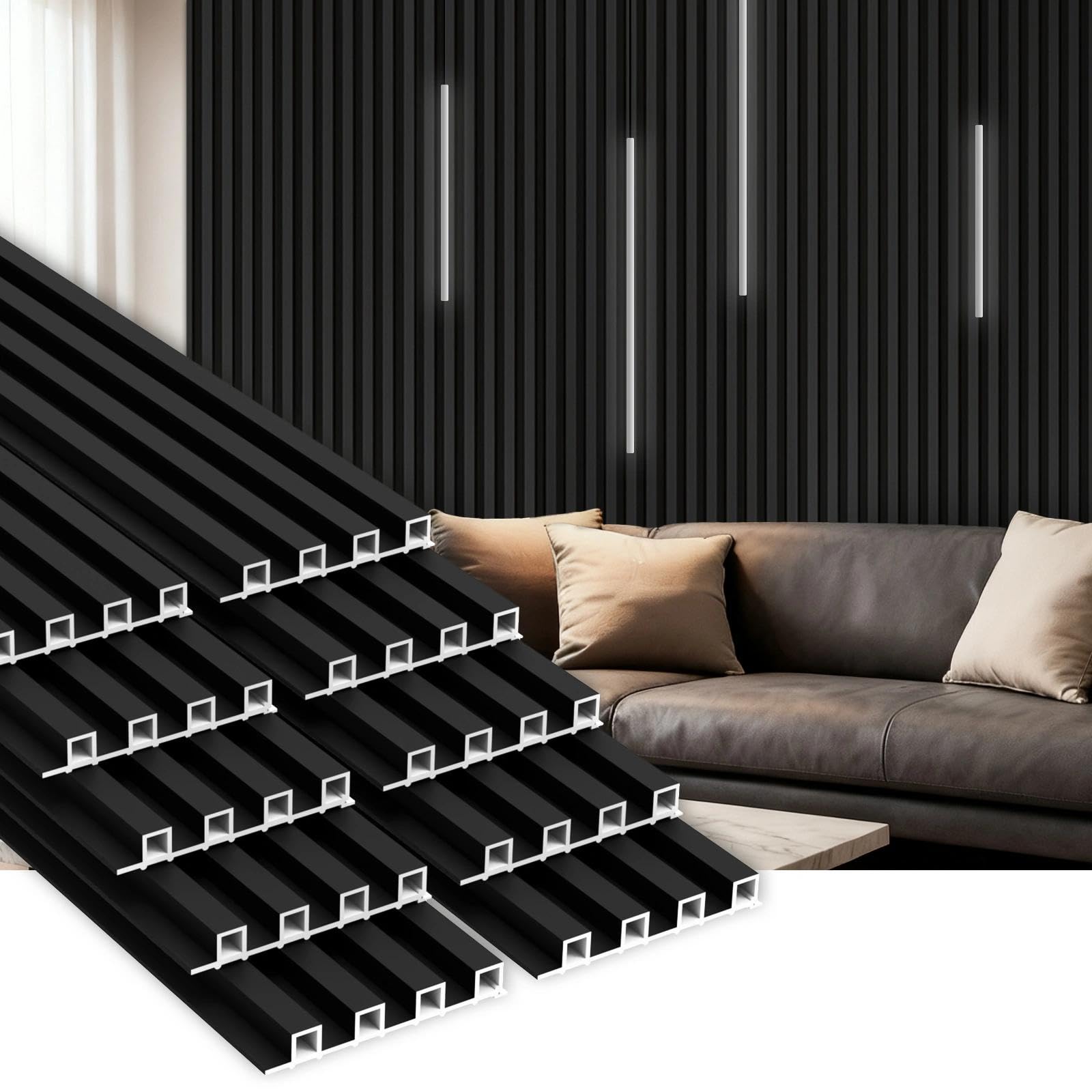 Photo 1 of 10Pack WPC Slat Wall Panels, 96 x 6.4 x 0.8Inches 3D Accent Wall Panels for Interior Home Decor, Fluted Wood Paneling for Living Room, TV Background, Office, Bedroom (Matte Black)