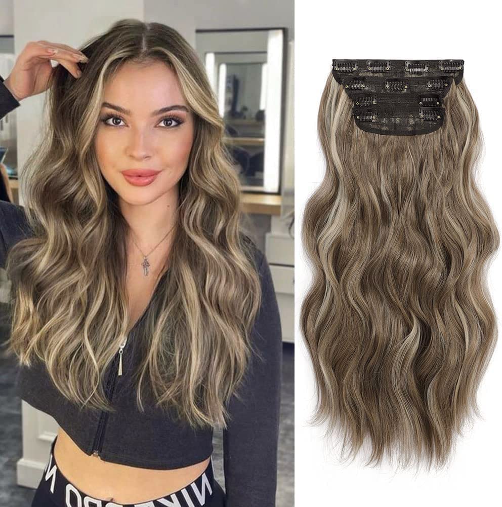 Hair Extensions Clip in 4pcs Ash Brown with Highlights Hair Extension Long Wavy Full Head Clip in Hair Extension Synthetic Fiber Hair Pieces for Women โ image 1