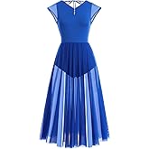 ODASDO Women Lyrical Dance Costume Adult Modern Contemporary Dancewear Cap Sleeve Flowy Mesh Split Maxi Long Dress