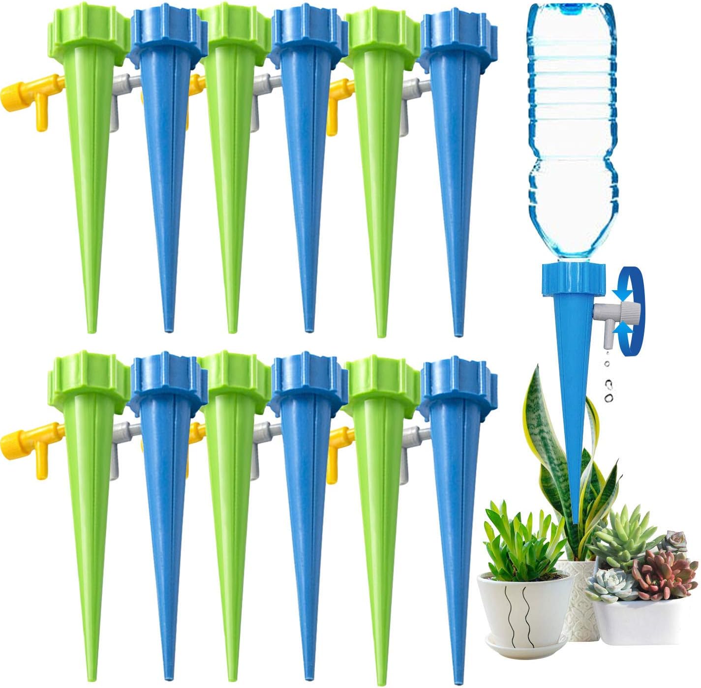 Inscape Data Self Watering Spikes, Automatic Plant Waterer, Adjustable Water Volume Drip System for Outdoor and Vacation Plant Watering-12Pack(6 Green&6 Blue)